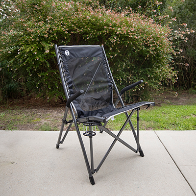 COLEMAN<sup>&reg;</sup> ComfortSmart Suspension Chair - This chair has a durable steel frame that holds up to 300lbs with a flexible bungee suspension system that offers increased comfort. Also, a mesh seat back for ventilation with a drink holder that fits a can, bottle, coffee cup or wine glass.  Polyester carry bag is also included. Unfolded dimensions: 16.9” x 22.4” x 40.6”  -  Folded dimensions: 9.8” x 11.8” x 46.1”
